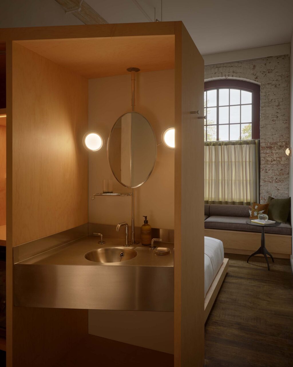 sink tucked into wooden box