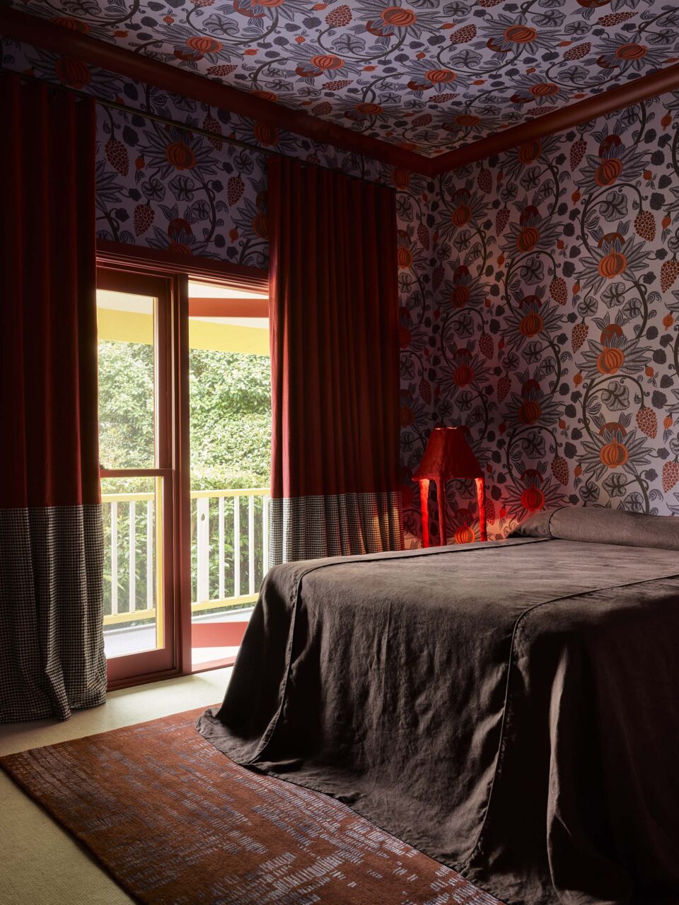 bedroom in reddish purple