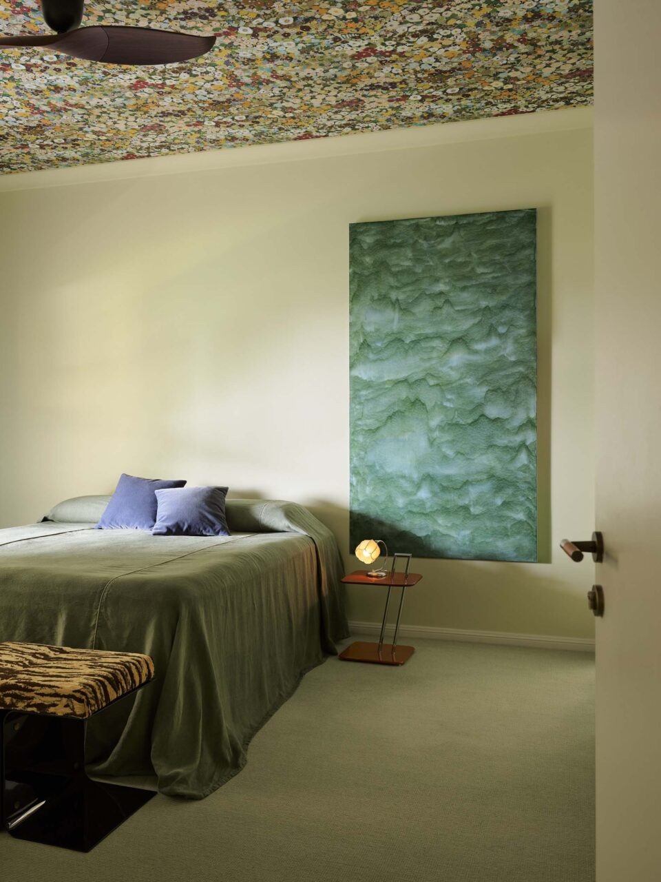 bedroom with green carpet