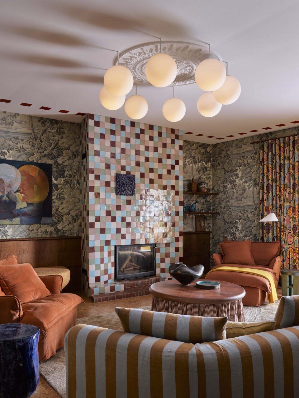 tiled fireplace in living room
