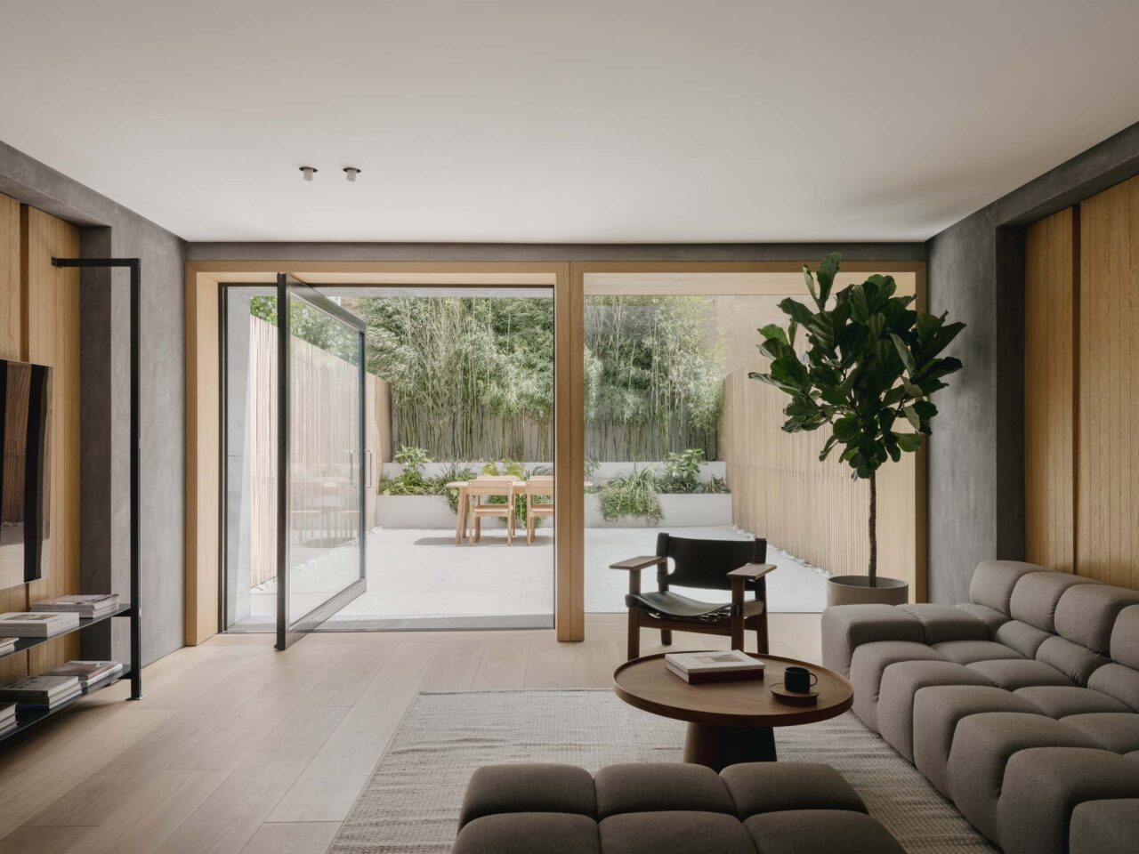 living room with glass doors